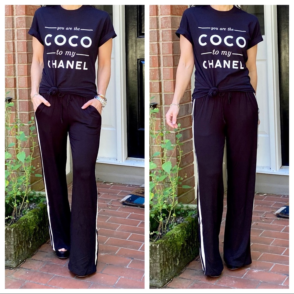 Black wide leg white side striped pants w/pockets - Picture 4 of 10